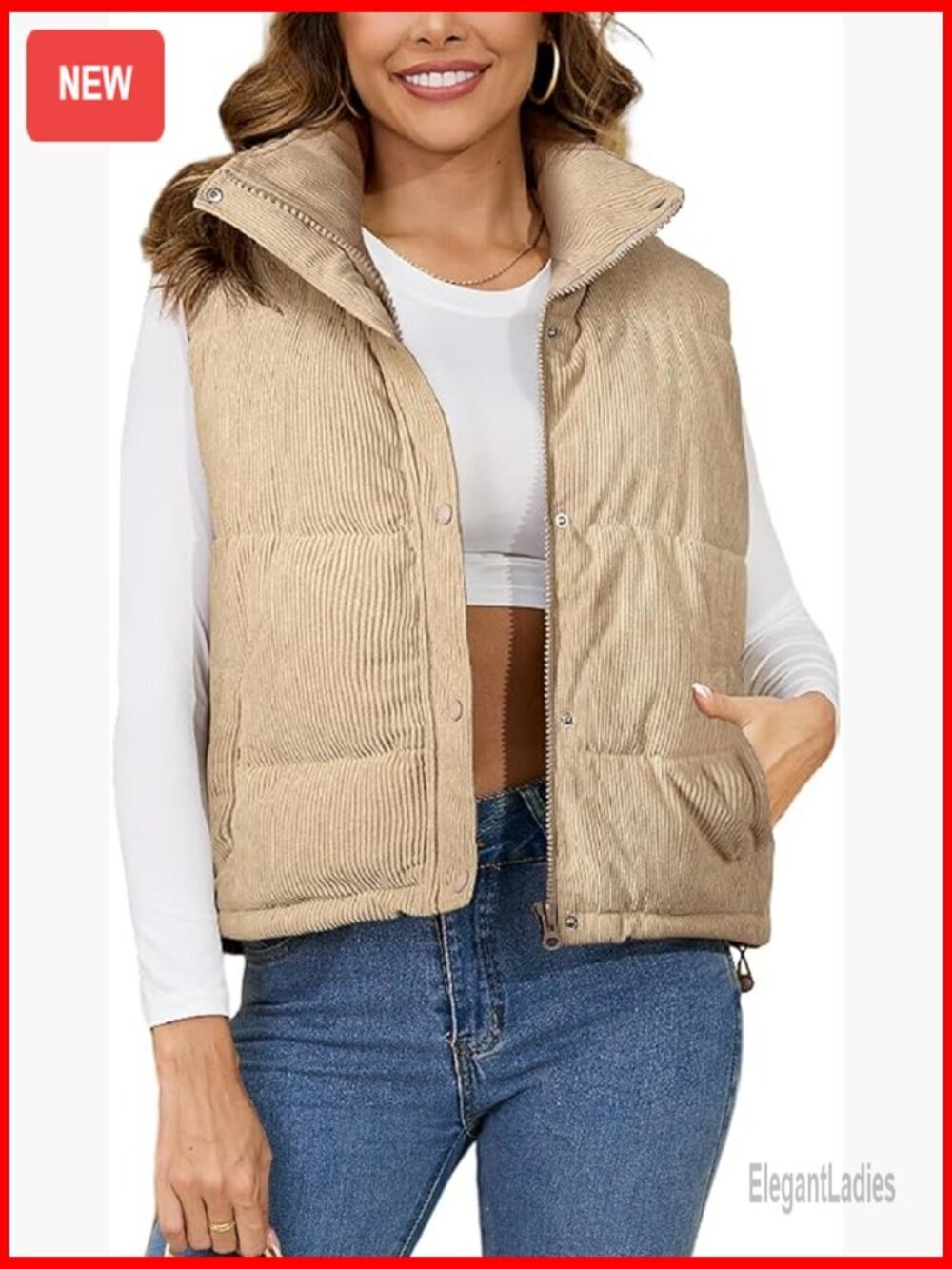 Women's Corduroy Puffer Vest Stand Collar Zip Up Sleeveless Quilted Jacket